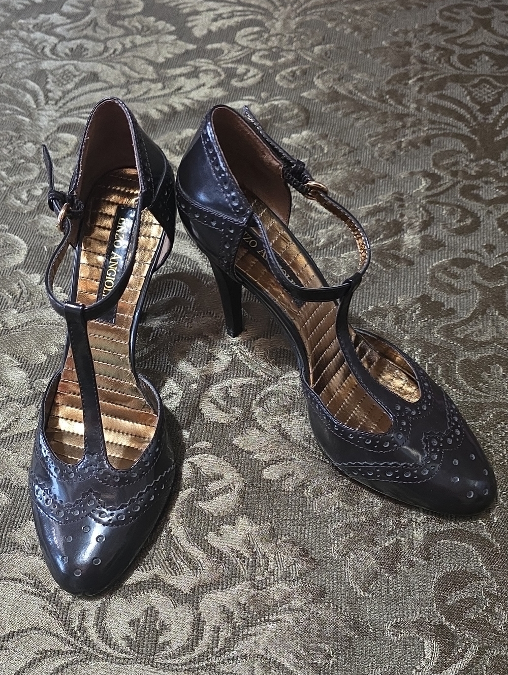 Enzo Angiolini Dark Brown T-Strap Brogue High Heels